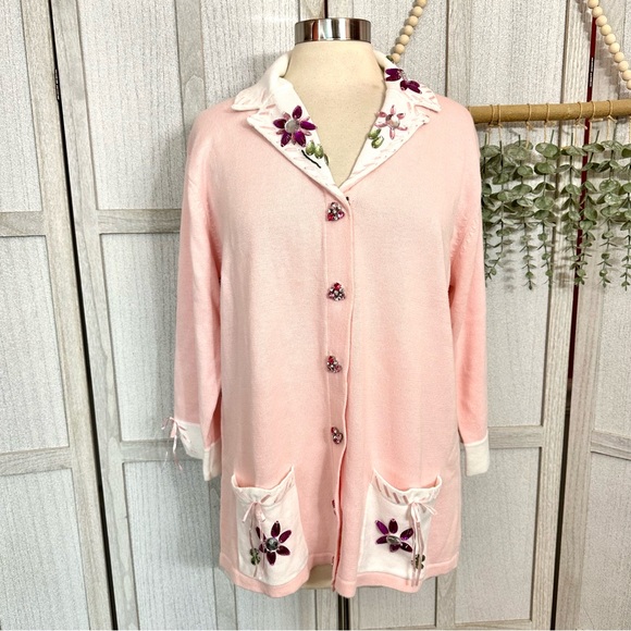 Storybook Knits Cardigan Sweater Rhinestone Beaded Pink Floral Ribbon Large NWT - Picture 1 of 11